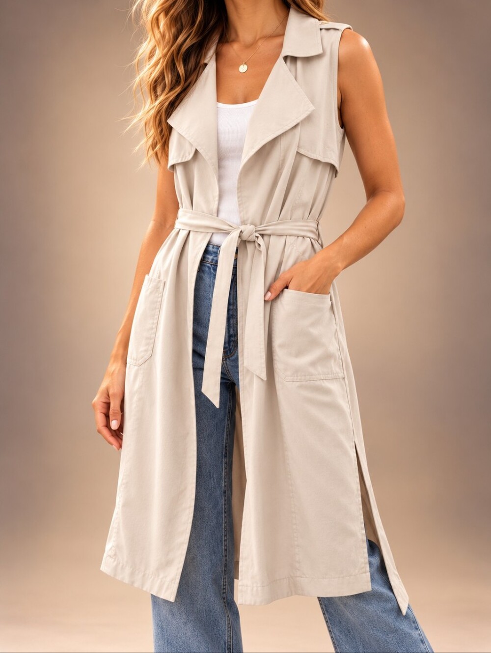 Bebe Sleeveless Trench Vest Long Draped Tie Waist Duster Neutral Small